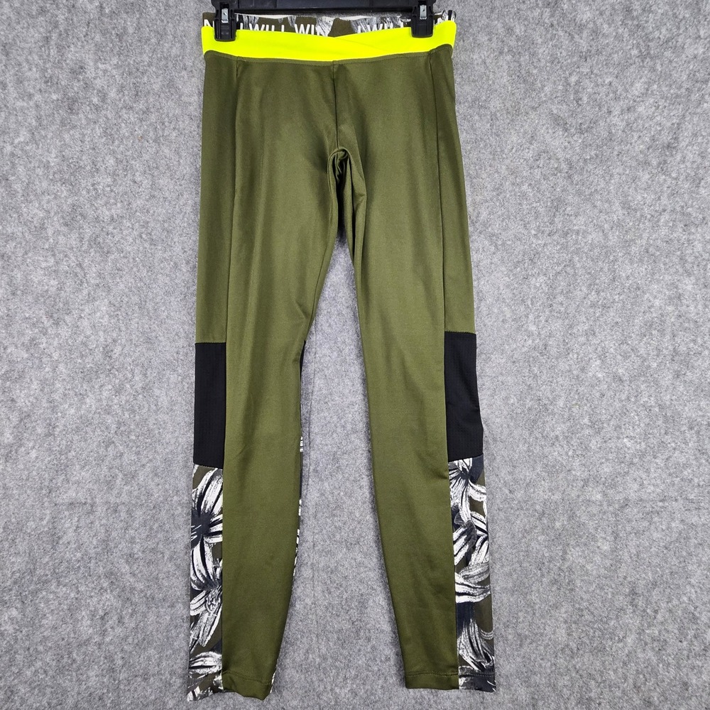 I Will Win Olive Green Floral Colorblock Leggings Medium M Neon Accent Waist